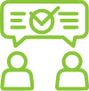 Two people icons with a speech bubble above showing a checkmark, symbolizing team approval or collaborative feedback.