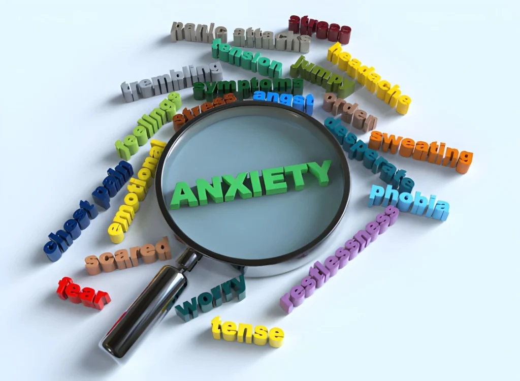 Anxiety symptoms shown around a magnifying glass highlighting common signs of anxiety disorders